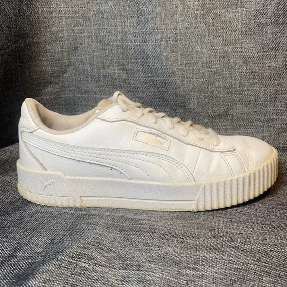 Puma Carina Triple White Low Top Casual Sneakers Shoes Womens 8.5 Athletic